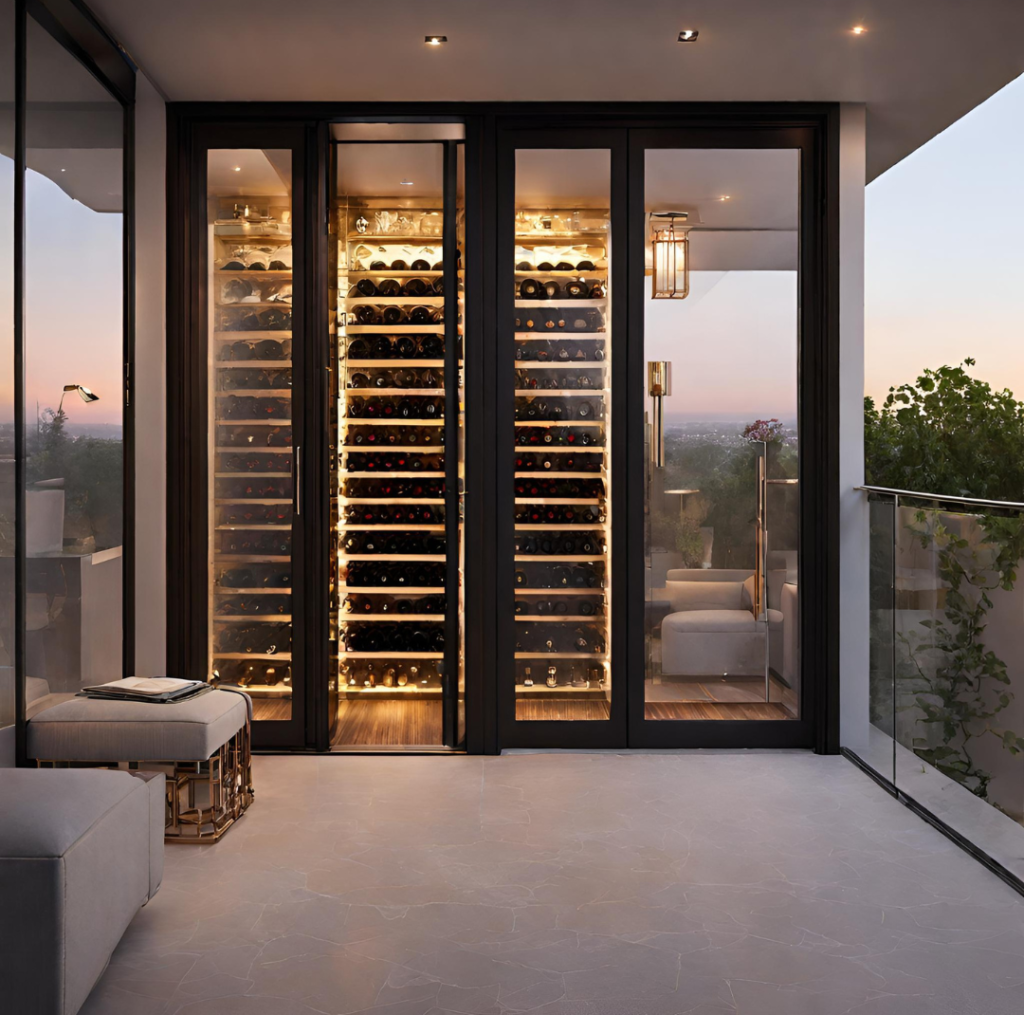 Adega Climatizada de Vinho planejada sob medida na cor preta com portas de vidro em varanda com deck