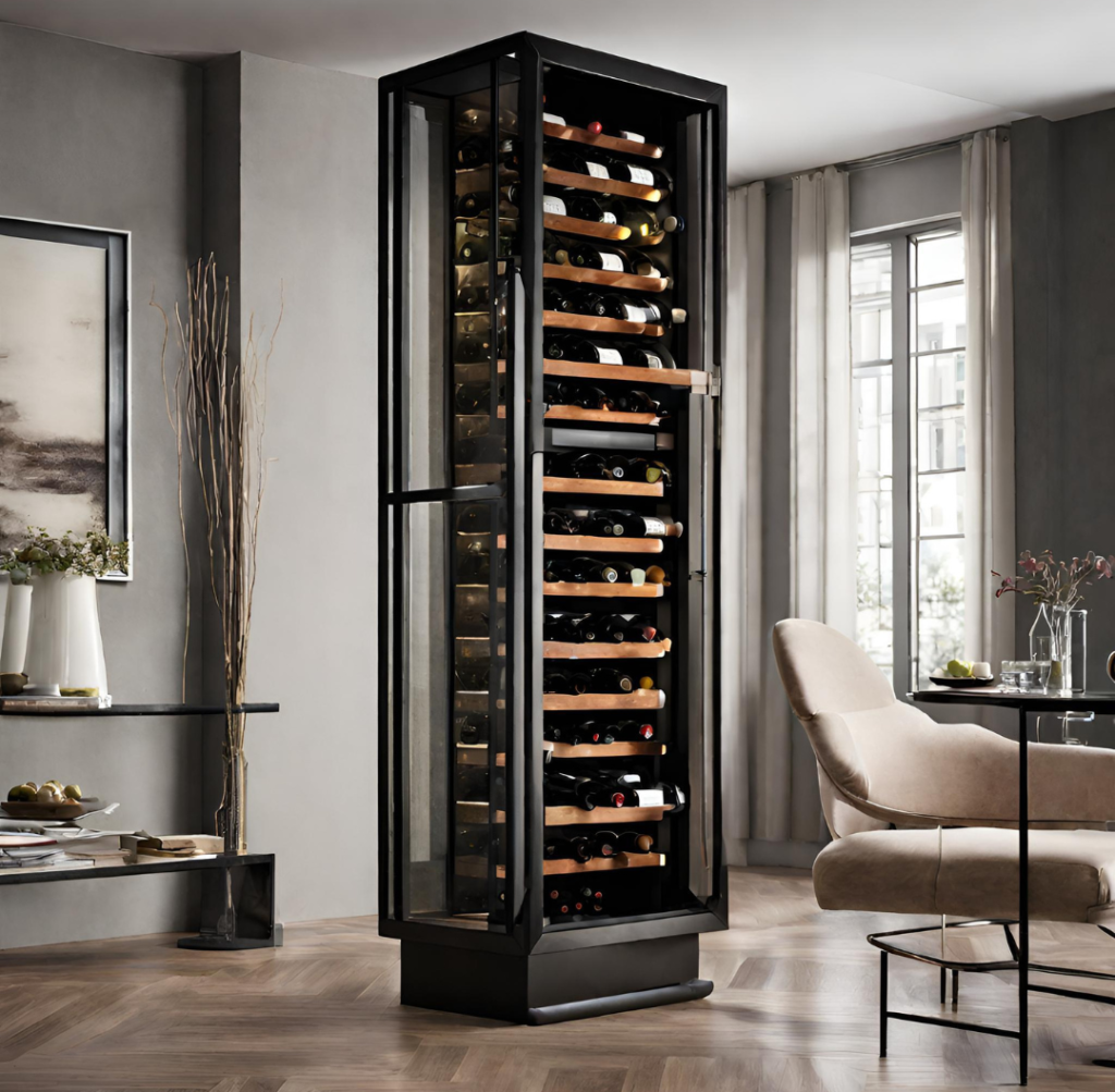 Adega climatizada de vinho móvel personalizada na cor preta com porta de vidro e design exclusivo