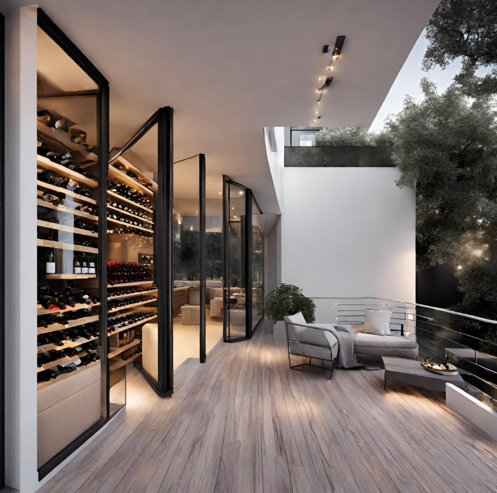 Adega Climatizada de Vinho planejada sob medida na cor preta com portas de vidro em varanda com deck